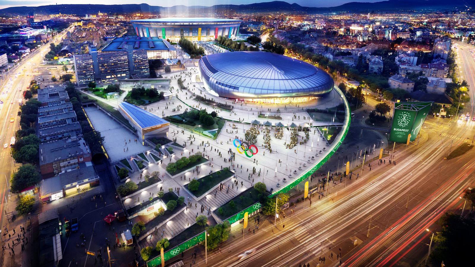 A labdarúgótorna mérkőzéseinek helyet adó Puskás Ferenc Stadion (hátul középen), a kosárlabda-mérkőzések helyszíne a Papp László