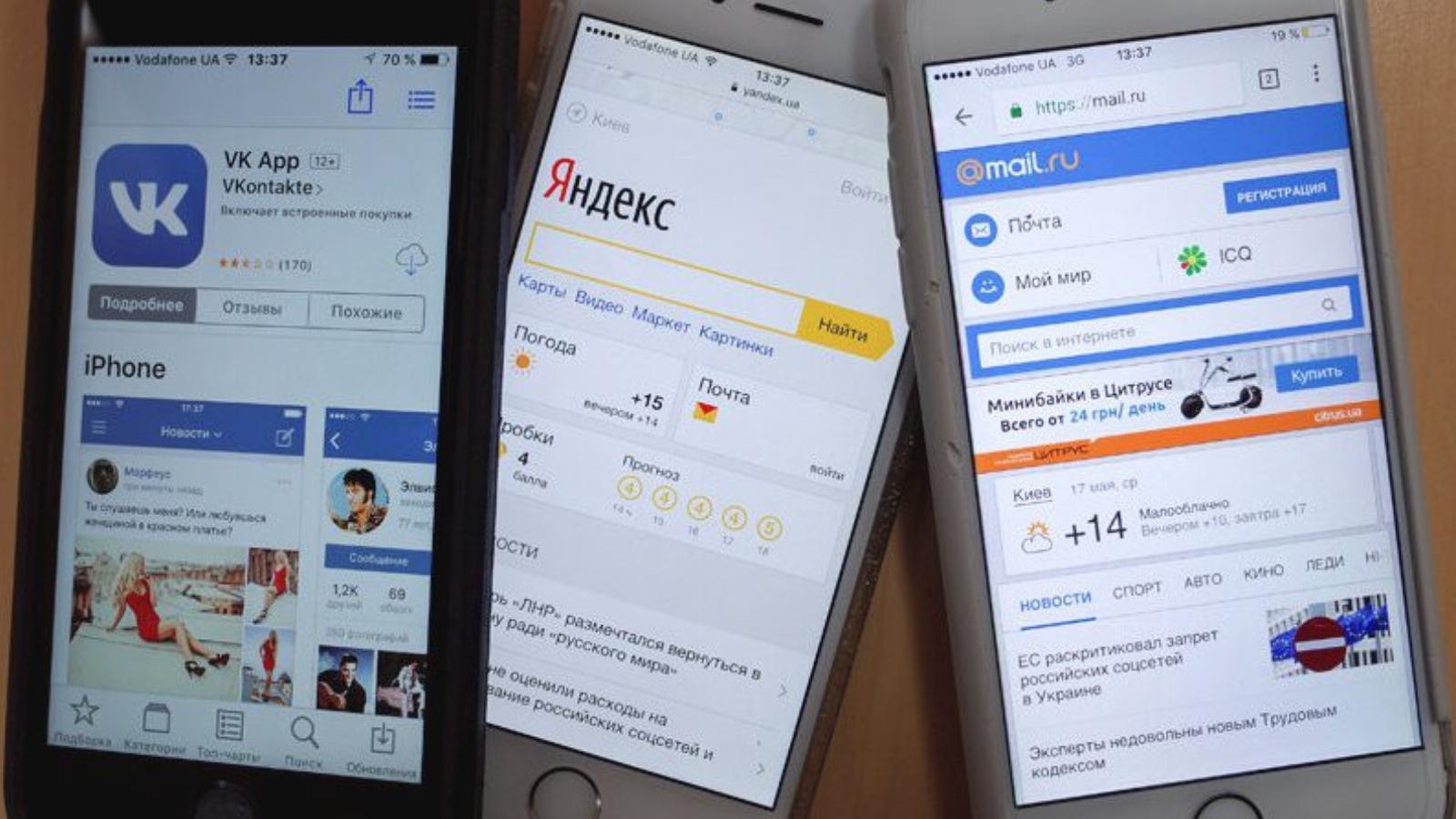 A Mail.ru, a Vkontakte és a Yandex nyitólapjai. Ukrajnából már nem elérhetők.