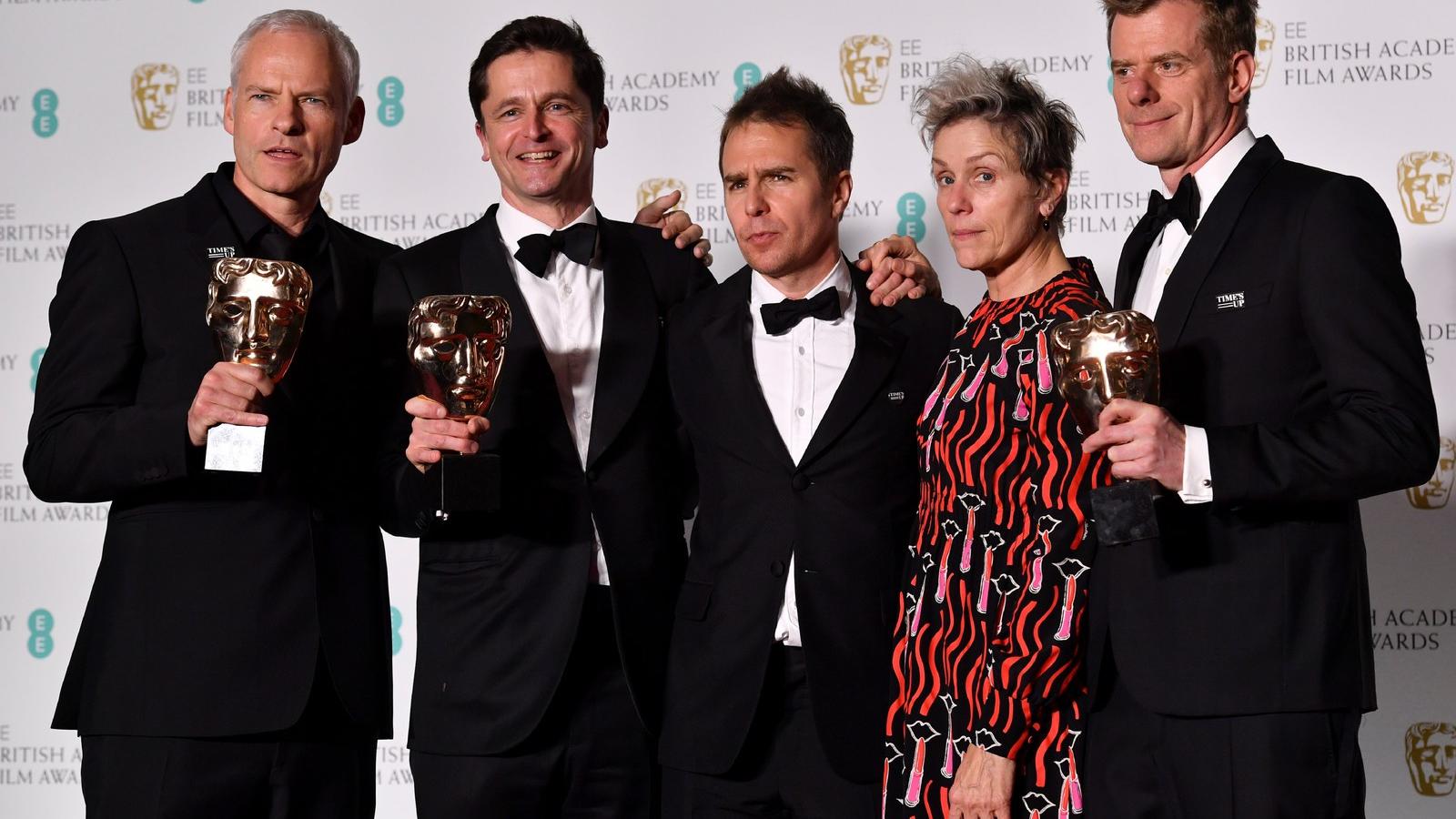 Martin McDonagh, Peter Czernin, Sam Rockwell, Frances McDormand és Graham Broadbent a díjátadón a Royal Albert Hallban.
Fotó: A