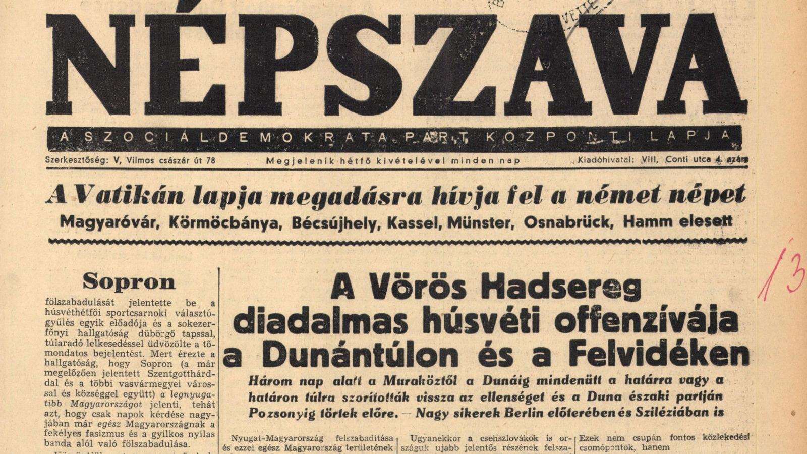 A Népszava 1945. április 4-i számának címlapja.