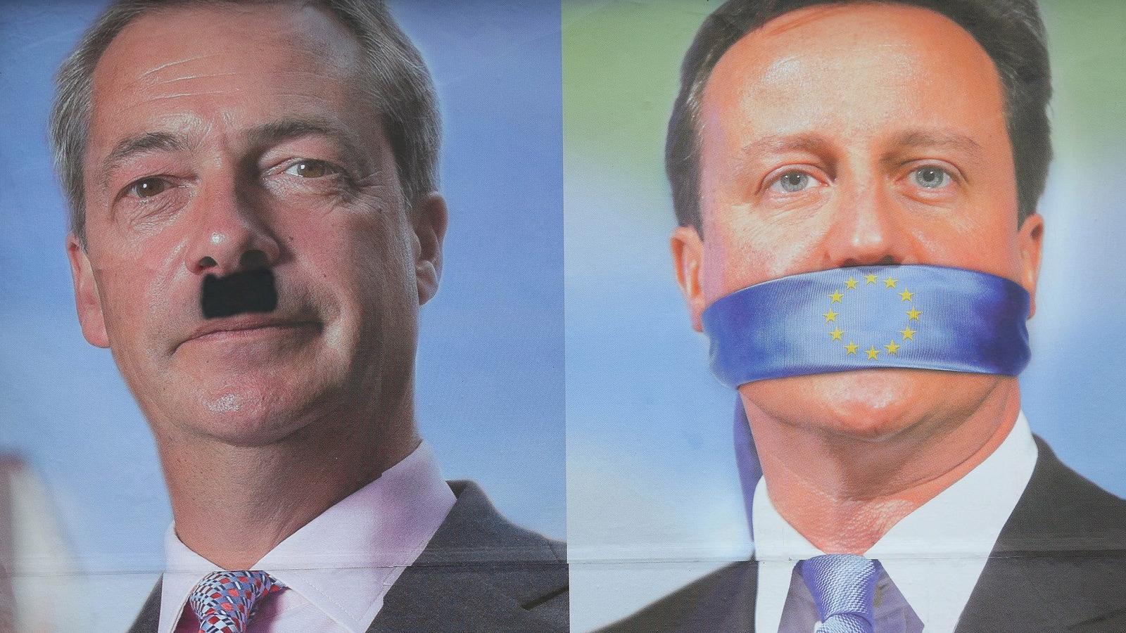 Egy megrongált UKIP plakát, ahol az "üzenetmódosítótól" a pártvezető Nigel Farage Hitler-bajszot kapott, David Cameron miniszter