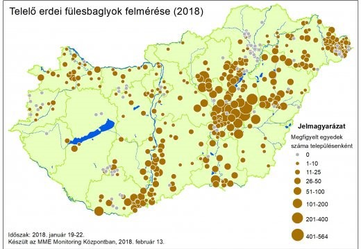 A 2018. január 19-22. között zajló országos telelő erdei fülesbagoly számolás eredményei Forrás: MME