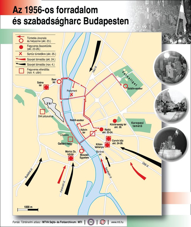 Az 1956-os forradalom és szabadságharc Budapesten;Tüntetés útvonala és helyszíne (okt. 23.);Fegyveres összetűzés (okt. 23-28.);Sortűz tüntetőkre (okt. 25.);Szovjet támadás (okt. 24.);Szovjet támadás (nov. 4.);Fegyveres ellenállás (nov. 4. után)