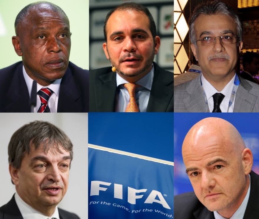 A felső sorban (balról jobbra): „Tokyo” Sexwale, Ali bin al-Husszein, Szalman Bin Ibrahim al-Kalifa. Alul: Jérome Champagne és Gianni InfantinoFOTÓ: EUROPRESS/GETTY IMAGES